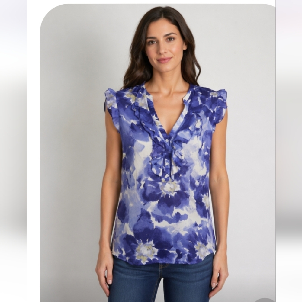LOFT Water Color Floral Blue Ruffle Detail Semi Sheer Lightweight Top Medium
